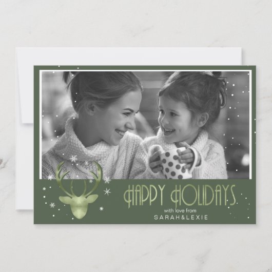 鹿の〔雄ジカの〕枝角矢印クリスマスフォトV2緑ID861 招待状 (正面)