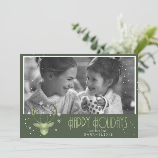 鹿の〔雄ジカの〕枝角矢印クリスマスフォトV2緑ID861 招待状 (スタンド正面)