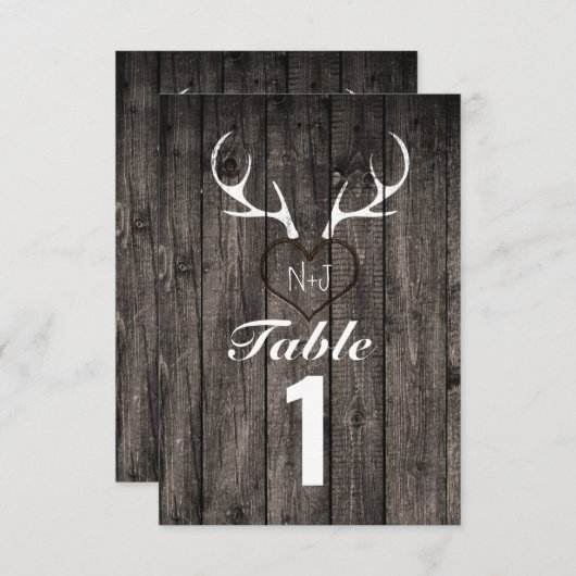 鹿の〔雄ジカの〕枝角素朴と彫りハートテーブル番号 招待状 (正面/裏面)