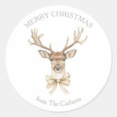 鹿の〔雄ジカの〕枝角金ゴールドボウメリークリスマス ラウンドシール (正面)