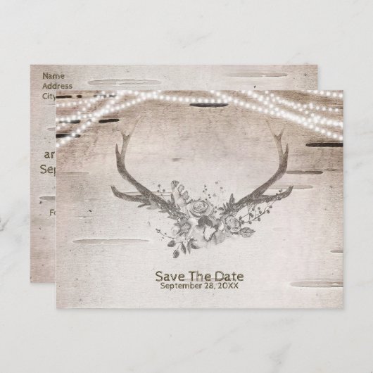 鹿の〔雄ジカの〕枝角&樺の木ヴィンテージウェディング日付を保存 案内ポストカード (正面/裏面)
