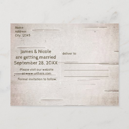 鹿の〔雄ジカの〕枝角&樺の木ヴィンテージウェディング日付を保存 案内ポストカード (裏面)