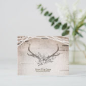 鹿の〔雄ジカの〕枝角&樺の木ヴィンテージウェディング日付を保存 案内ポストカード (スタンド正面)