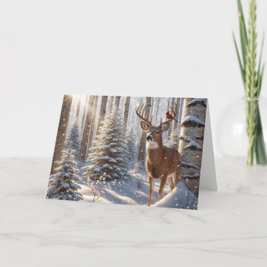 鹿の(鳥)ショウジョウコウカンチョウに止まった赤い〔雄ジカの〕枝角 カード (正面)