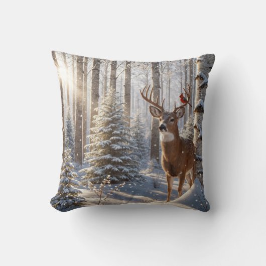 鹿の(鳥)ショウジョウコウカンチョウに止まった赤い〔雄ジカの〕枝角 クッション (正面)