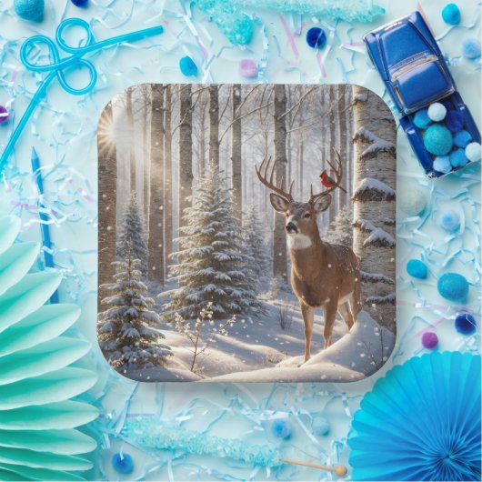 鹿の(鳥)ショウジョウコウカンチョウに止まった赤い〔雄ジカの〕枝角 ペーパープレート (パーティー)