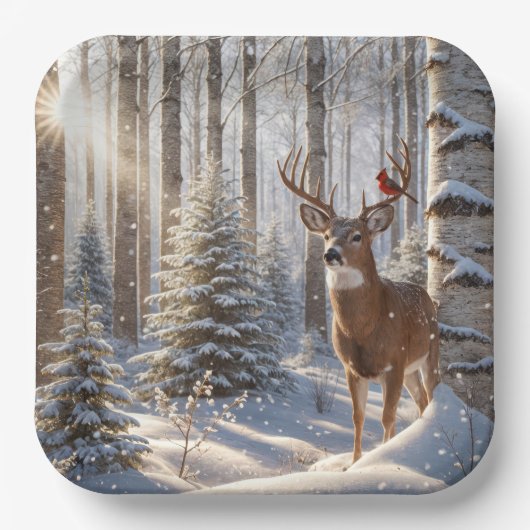 鹿の（鳥）ショウジョウコウカンチョウに止まった赤い〔雄ジカの〕枝角 ペーパープレート (正面)