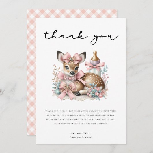 鹿め！ピンクフローラ赤ちゃんシャワーありがとう 招待状 (正面/裏面)