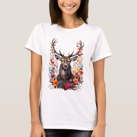 鹿をカラフルの花に挟む Tシャツ (正面)