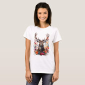 鹿をカラフルの花に挟む Tシャツ (正面フル)
