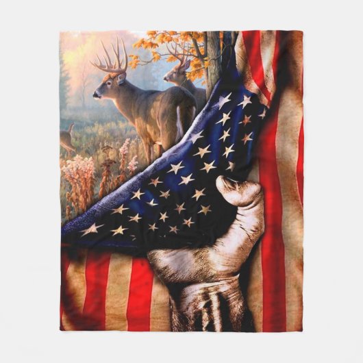 鹿アメリカ国旗の毛布 フリースブランケット (正面)