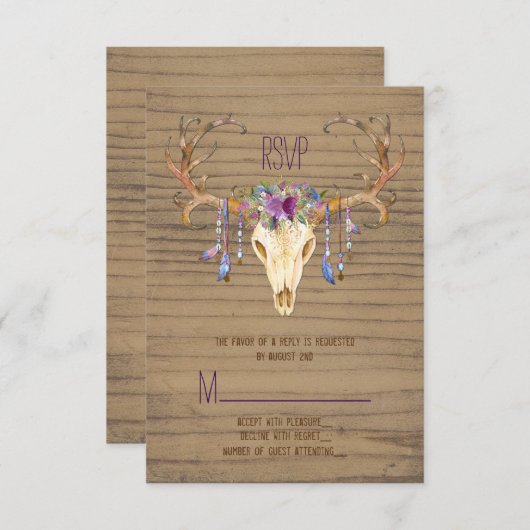 鹿アン素朴ドラースカル南西ウェディングRSVP 出欠カード (正面/裏面)