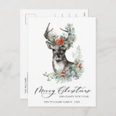 鹿エレガントポインセチアのクリスマスグリーティング シーズンポストカード (正面/裏面)