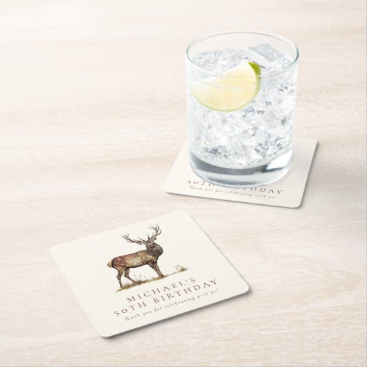 鹿エレガント狩りスタグアダルトバースデーパーティー スクエアペーパーコースター (インサイチュ)