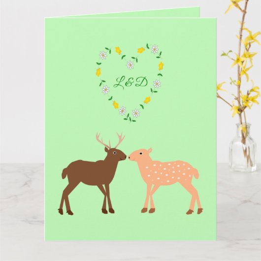 鹿カップル及びデイジーハートカスタムカード カード (黄色い花)