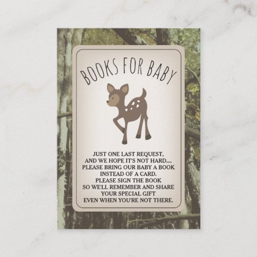 鹿カモフラージュ赤ちゃんシャワーブックリクエスト エンクロージャーカード (正面)