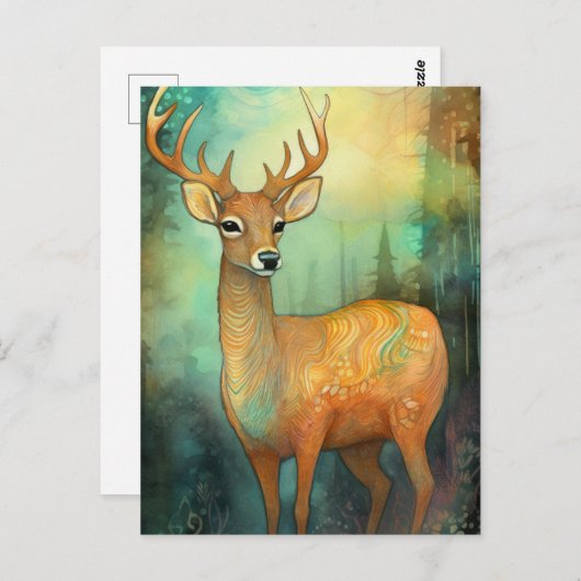 鹿カラフル混合メディ絵画ア ポストカード (正面/裏面)