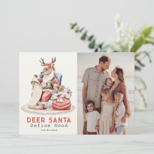 鹿サンタが良いリストを定義おもしろいクリスマス写真 シーズンカード (スタンド正面)