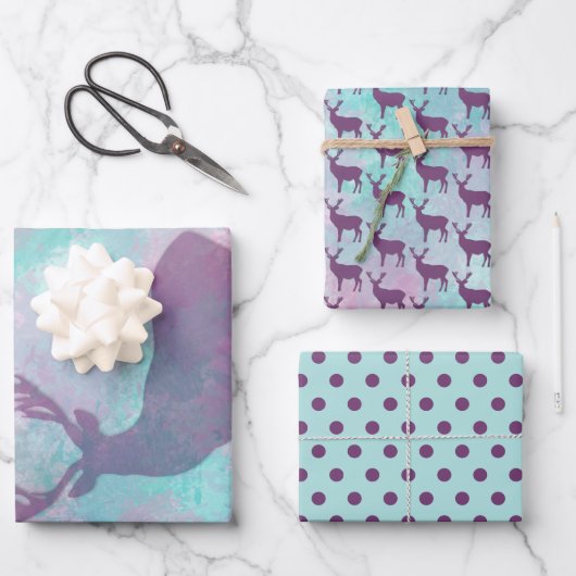 鹿シルエットドットパターン可愛いパステルカラー ラッピングペーパーシート (正面)