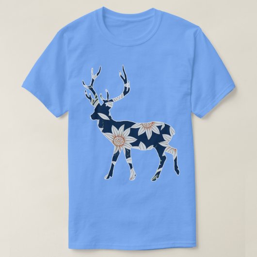 鹿シルエット白い花柄 Tシャツ (デザイン正面)