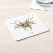 鹿スカルと花 スクエアペーパーコースター (アングル)