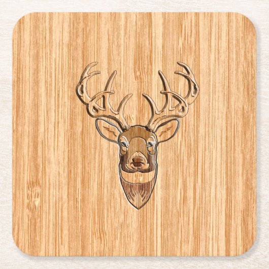 鹿スタイリッシュ頭ライトウッドグレインプリント スクエアペーパーコースター (正面)