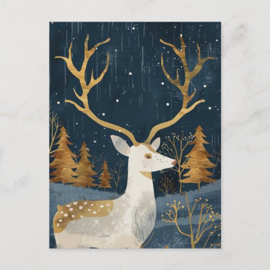 鹿ネイビーエレガントブルー&金ゴールドウォーターカラーコージークリスマス ポストカード (正面)