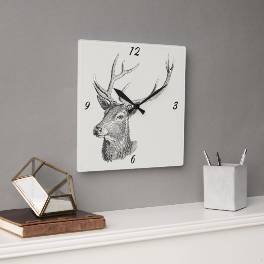 鹿バック頭と〔雄ジカの〕枝角白黒アート スクエア壁時計 (オフィス)