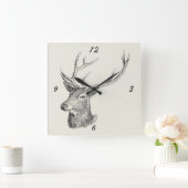 鹿バック頭と〔雄ジカの〕枝角白黒アート スクエア壁時計 (ホーム)