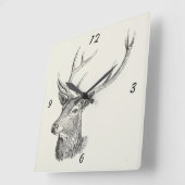 鹿バック頭と〔雄ジカの〕枝角白黒アート スクエア壁時計 (傾斜)