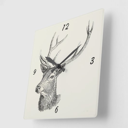 鹿バック頭と〔雄ジカの〕枝角白黒アート スクエア壁時計 (傾斜)