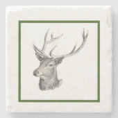 鹿バック頭と〔雄ジカの〕枝角白黒アート ストーンコースター (正面)