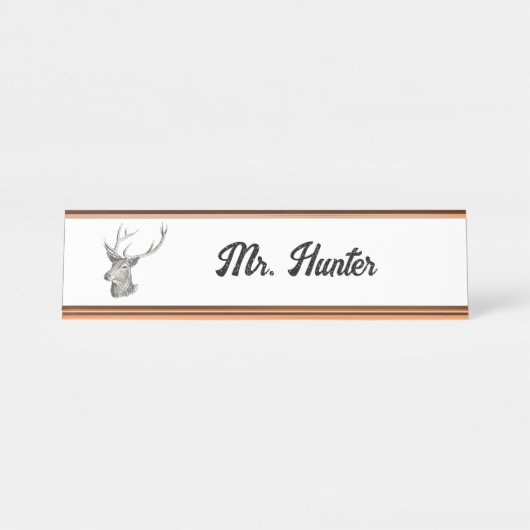 鹿バック頭と〔雄ジカの〕枝角白黒アート デスクネームプレート (正面)