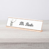 鹿バック頭と〔雄ジカの〕枝角白黒アート デスクネームプレート (正面)