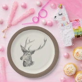 鹿バック頭と〔雄ジカの〕枝角白黒アート ペーパープレート (パーティー)