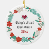 鹿パーソナライズされたとリースベビーの第1クリスマス セラミックオーナメント (裏面)