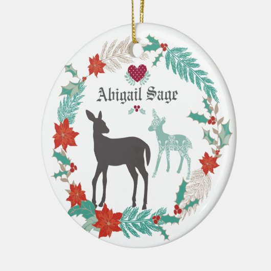鹿パーソナライズされたとリースベビーの第1クリスマス セラミックオーナメント (左)