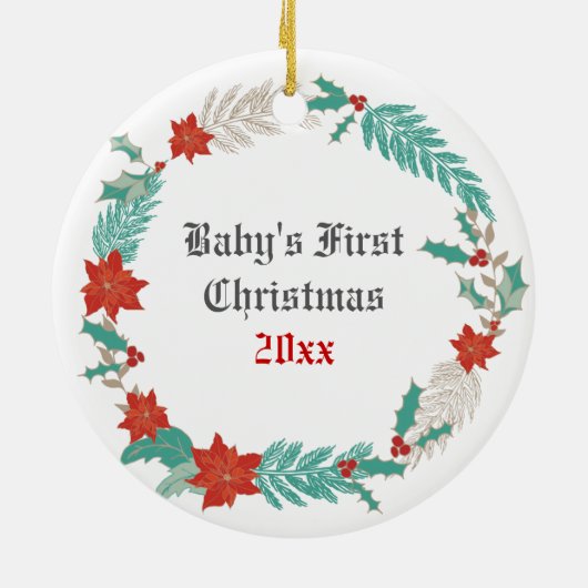 鹿パーソナライズされたとリースベビーの第1クリスマス セラミックオーナメント (裏面)