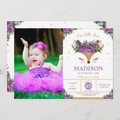 鹿パープルフローラウッドランド誕生日パーティー写真 招待状 (正面/裏面)