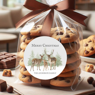 鹿ファミリー冬の雪メリークリスマス ラウンドシール