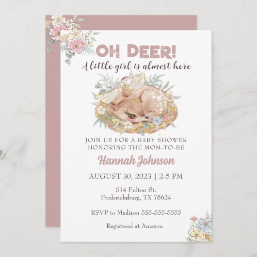 鹿フローラ秋ベビーガールベビーシャワー 招待状 (正面/裏面)