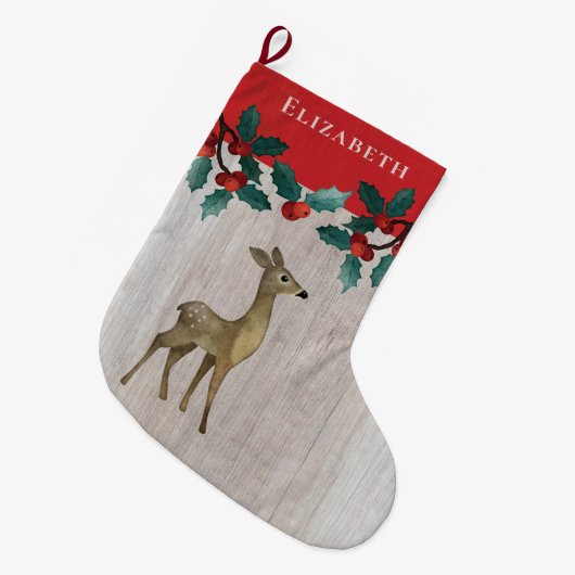 鹿フローラ素朴モノグラムクリスマス ラージクリスマスストッキング (正面 (吊り時))