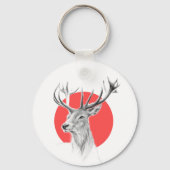 鹿ヘッドスタンスケッチレッドサークルアニマルアート キーホルダー (正面)