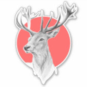 鹿ヘッドスタンスケッチレッドサークルアニマルアート シール (正面)