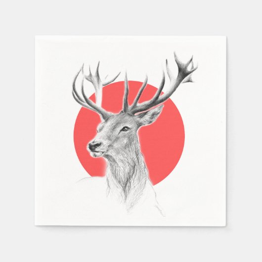鹿ヘッドスタンスケッチレッドサークルアニマルアート スタンダードカクテルナプキン (正面)