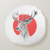 鹿ヘッドスタンスケッチレッドサークルアニマルアート ラウンドクッション (正面)