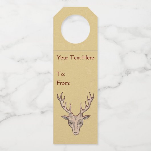 鹿ヘッド大〔雄ジカの〕枝角ブラックエッチング顔タン ボトルネックタグ (正面)