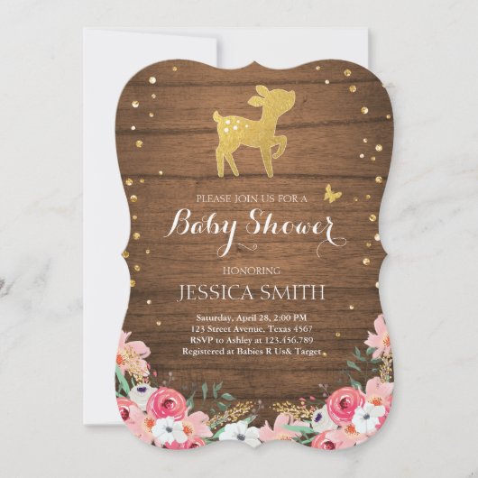 鹿ベビーシャワー招待状ウッドランドガールフローラウッド 招待状 (正面)