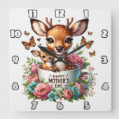 鹿ママ:子鹿、花、母の日 スクエア壁時計 (正面)