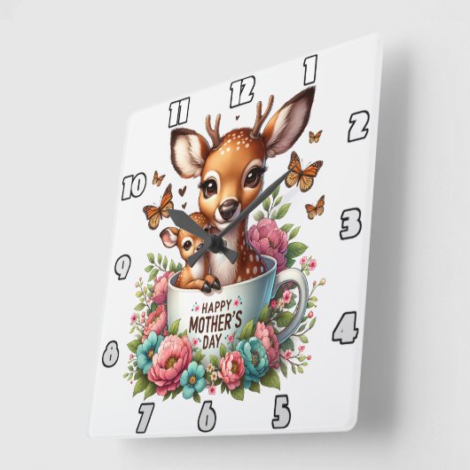 鹿ママ:子鹿、花、母の日 スクエア壁時計 (傾斜)